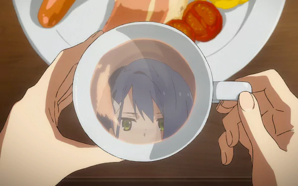 An HD desktop wallpaper featuring Ichigo from Darling in the FranXX, with her reflection in a cup of tea, and breakfast in the background.