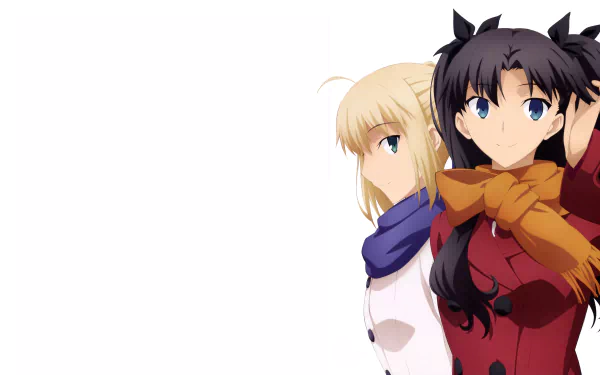 Rin Tohsaka and Saber from Fate/Stay Night: Unlimited Blade Works stand side by side in this 8K Ultra HD anime PC desktop wallpaper.