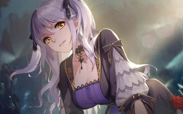 Romantic Saga of Beauty & Devil anime wallpaper: silver-haired beauty with golden eyes in ornate black-and-purple dress, 2K Quad HD PC desktop background.