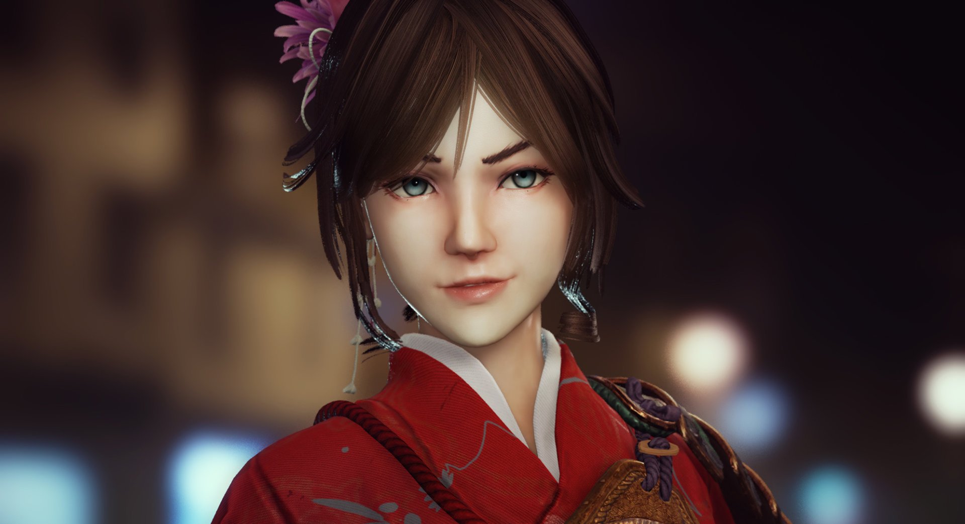 Anime artwork of a young woman in a kimono at night, designed as a high-definition desktop wallpaper and background. She has short brown hair and a flower hair accessory, portraying a serene expression.