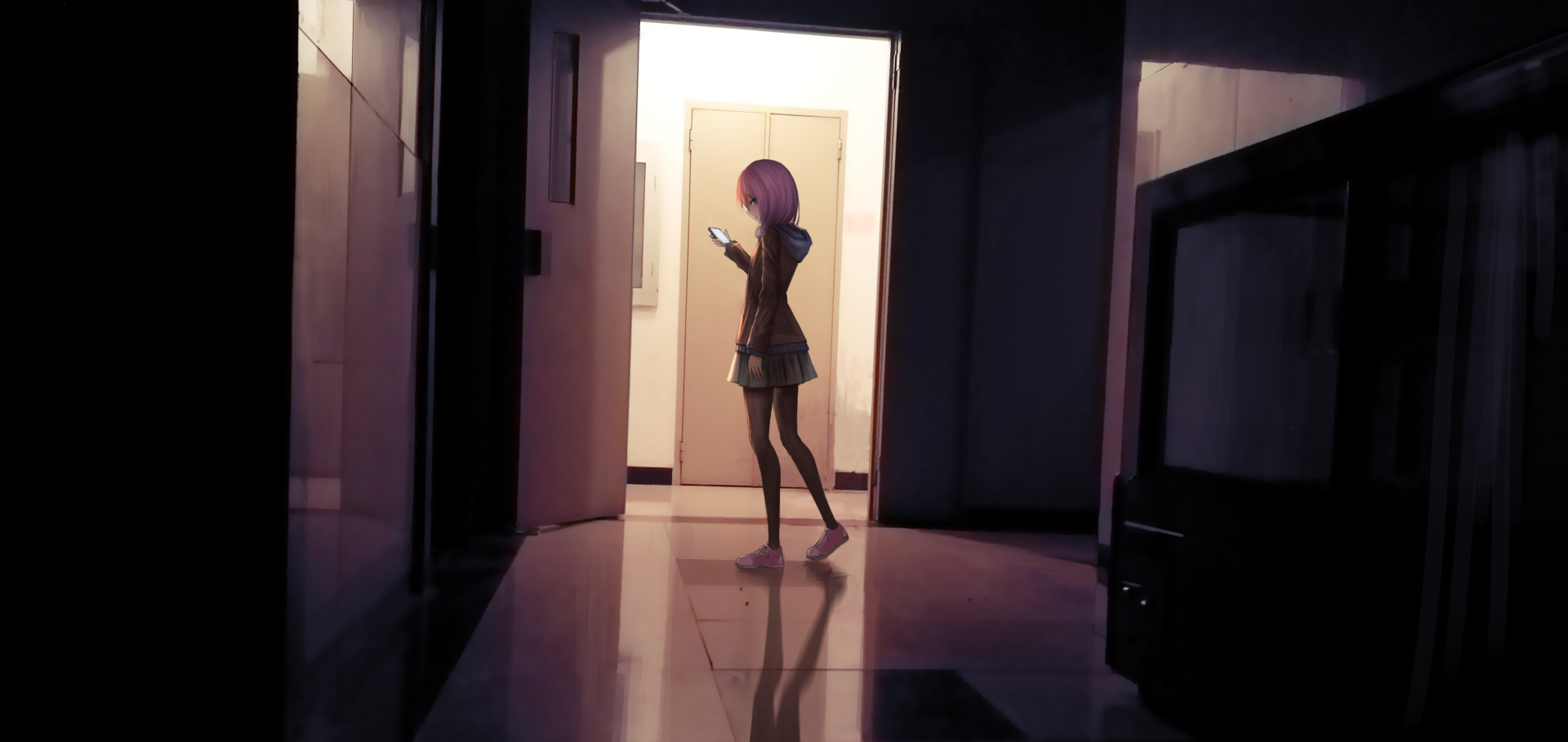 HD wallpaper of Matsuri Mizusawa from the anime Citrus, showcasing her walking through a dimly lit hallway while glancing at her phone.
