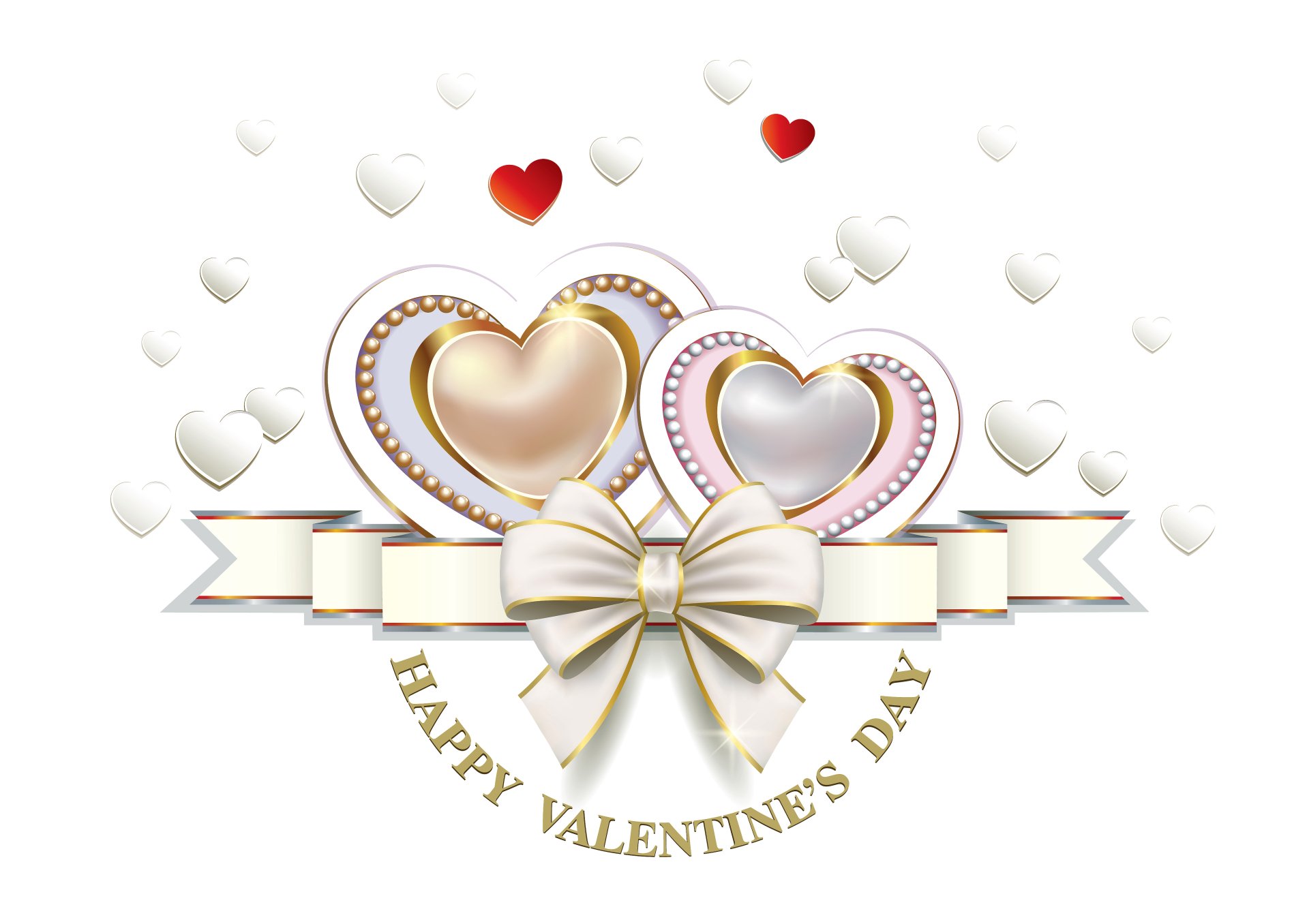 4K Ultra HD Valentine's Day wallpaper featuring intertwined gold and silver hearts with a ribbon bow, surrounded by floating hearts and Happy Valentine's Day text.