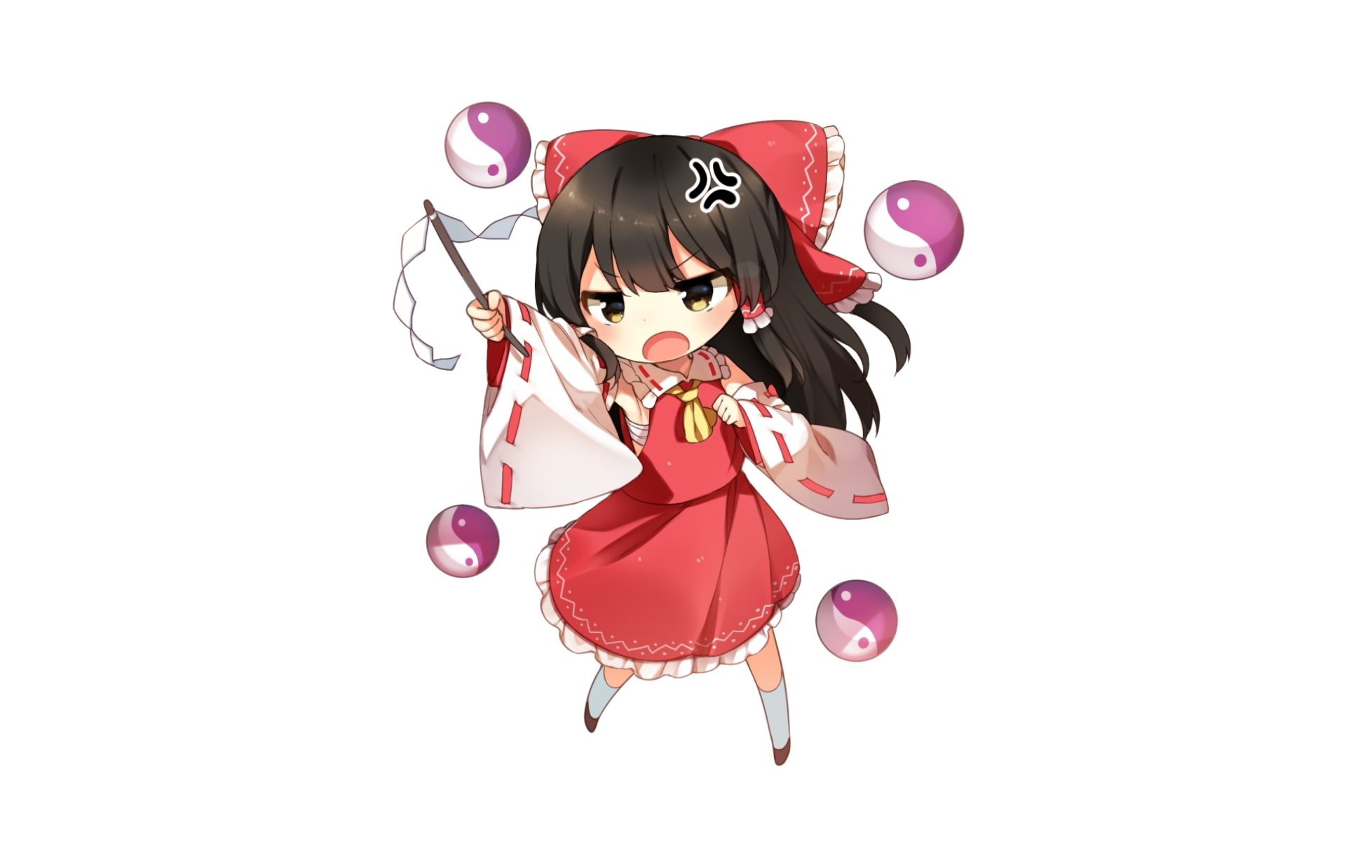 Chibi-style Reimu Hakurei from the Touhou series, depicted in vibrant colors with her signature red and white outfit and yin-yang orbs surrounding her, HD anime wallpaper.
