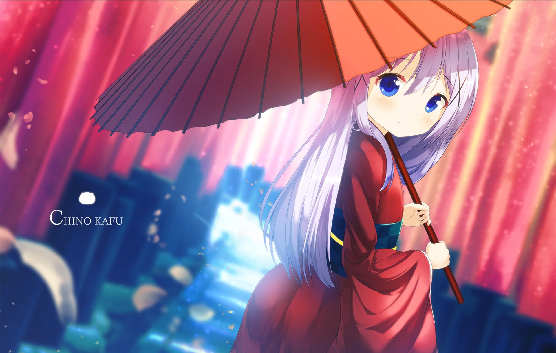 HD anime desktop wallpaper featuring Chino Kafū from Is the Order a Rabbit, holding a traditional red umbrella against a vibrant, glowing background.