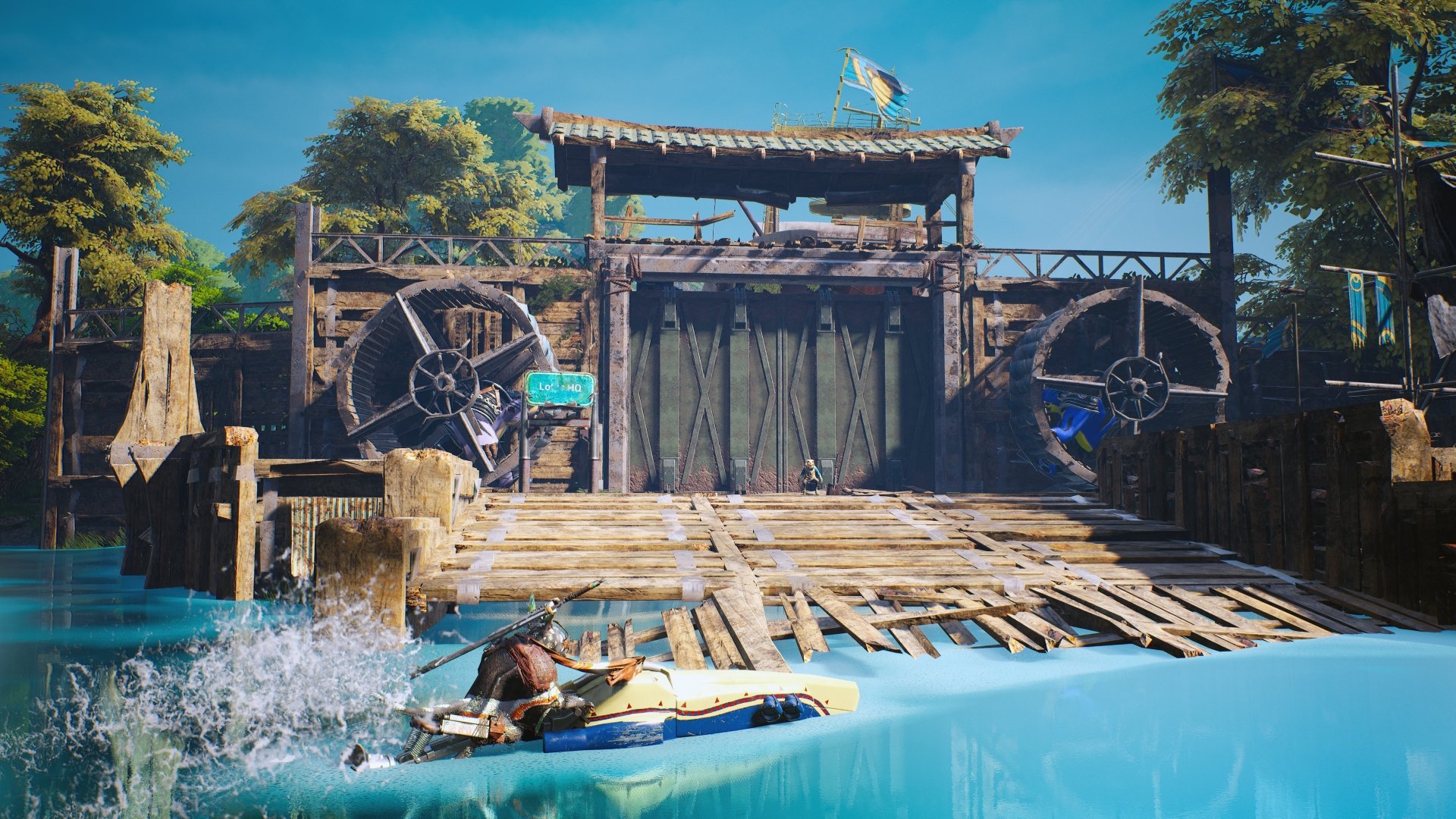 4K Ultra HD PC desktop wallpaper featuring a vibrant scene from the video game Biomutant, showing a character approaching a rustic gate over clear blue water.