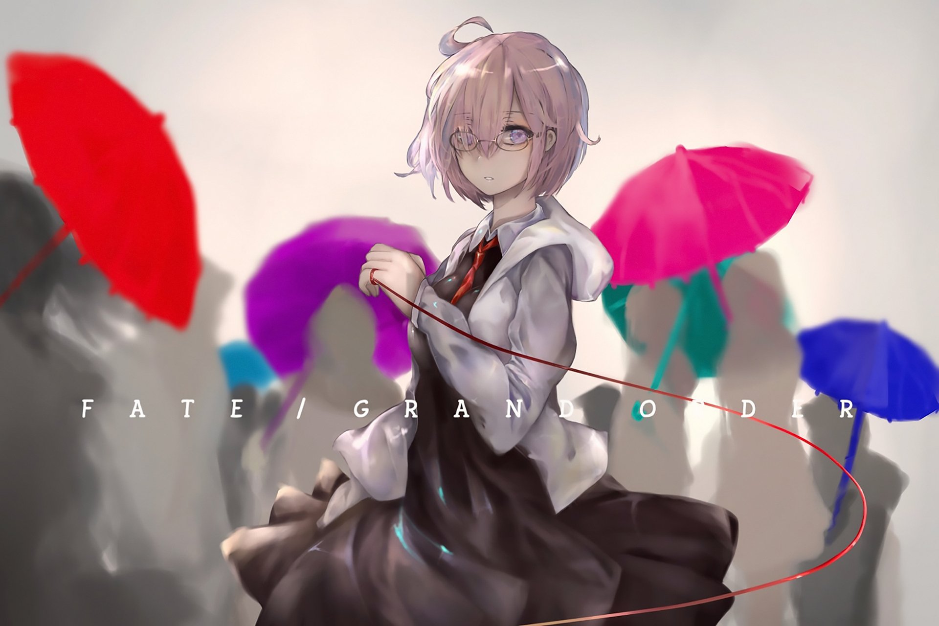 HD PC desktop wallpaper featuring Mashu Kyrielight from the anime Fate/Grand Order, surrounded by colorful umbrellas against a soft background.