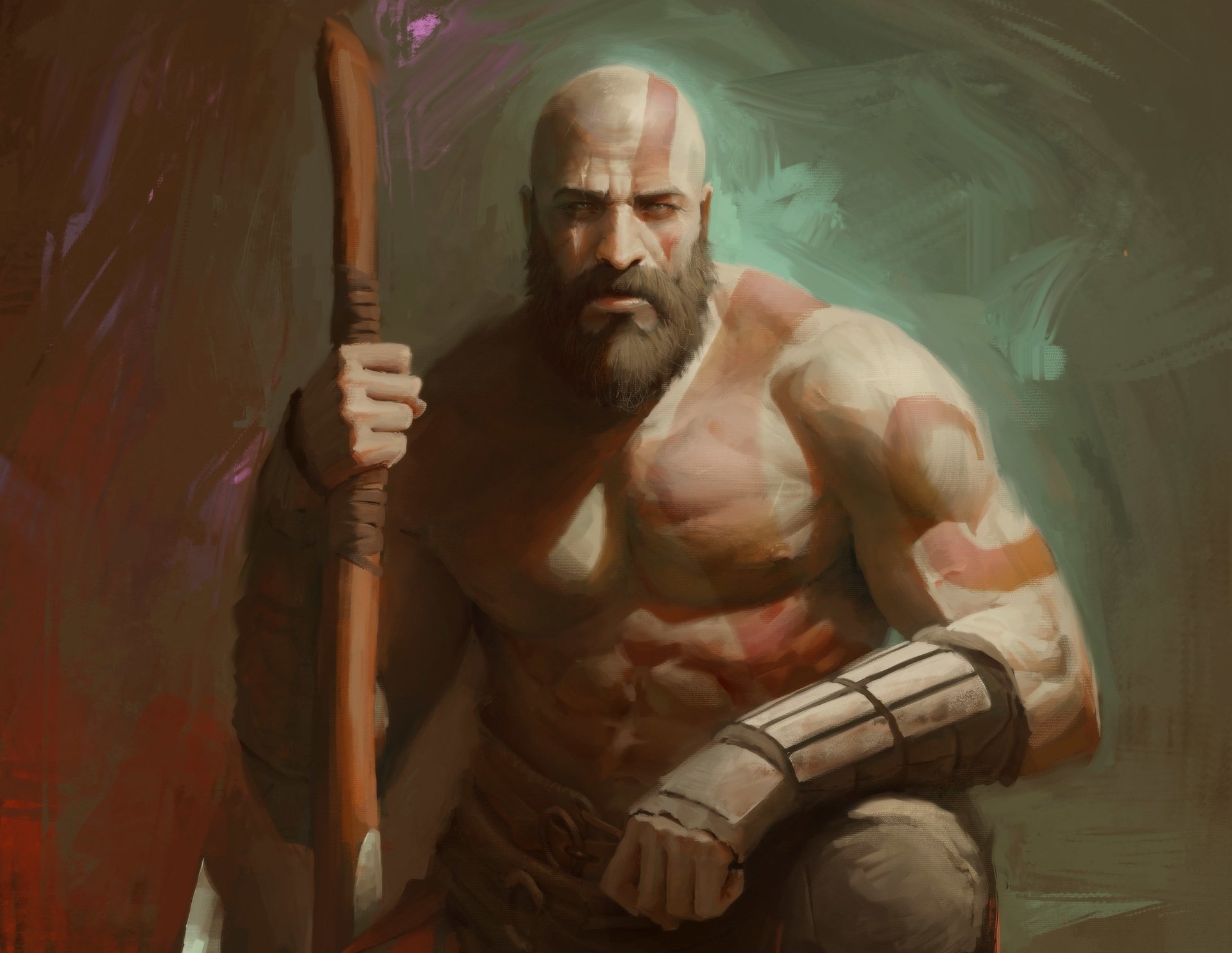 HD desktop wallpaper featuring Kratos from the video game God of War (2018), showcasing the character's intense and powerful presence.
