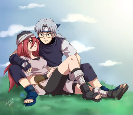 Anime Naruto 2K Quad HD PC desktop wallpaper: white-haired, glasses-wearing ninja cradles a red-haired female in his arms on a grassy hill beneath a blue sky.