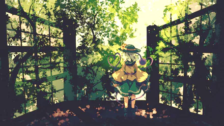 HD anime desktop wallpaper featuring Koishi Komeiji from the Touhou series, standing in a sunlit garden surrounded by lush greenery and delicate flowers.