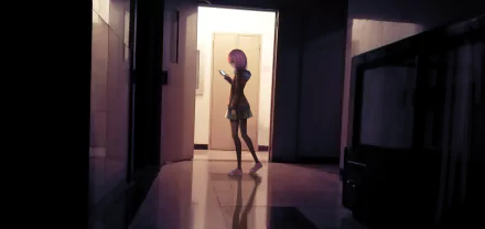 HD wallpaper of Matsuri Mizusawa from the anime Citrus, showcasing her walking through a dimly lit hallway while glancing at her phone.