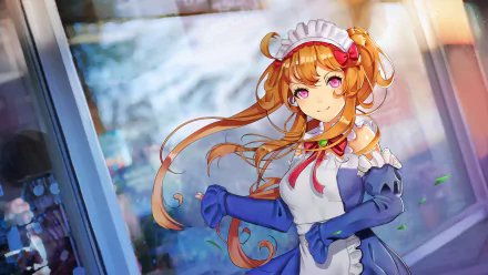 Anime-style original character in detailed maid outfit, vibrant orange hair flowing, set against a soft, blurred background; 4K Ultra HD PC desktop wallpaper.