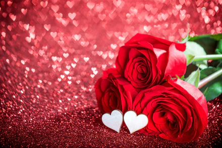 A 4K Ultra HD wallpaper featuring a romantic red rose bouquet with heart-shaped bokeh, symbolizing love and Valentine's Day.