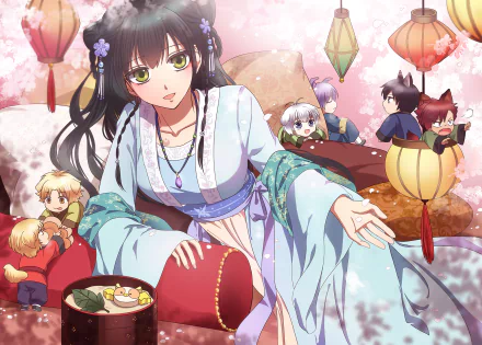 A chibi anime scene features a girl in Japanese clothes with long black hair and green eyes, surrounded by playful characters and vibrant lanterns, set against a cozy couch.