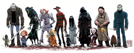 4K Ultra HD PC desktop wallpaper featuring a movie crossover lineup of iconic horror characters standing side by side on a white background.