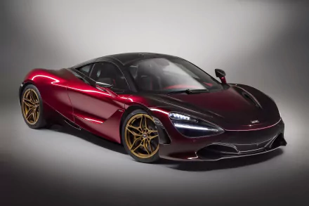 A high-definition wallpaper showing the McLaren 720S Velocity by MSO. The supercar features a sleek maroon body with golden wheels, highlighting its striking design and powerful presence.