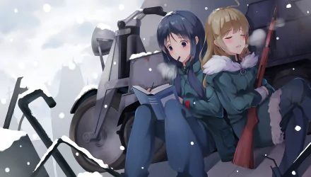Chito and Yuuri from *Girls' Last Tour* relax against a motorcycle in a snowy landscape, conveying a sense of calm amidst their adventurous journey. HD wallpaper for fans of the anime.