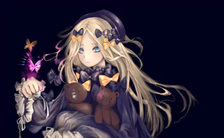 HD desktop wallpaper of Abigail Williams from Fate/Grand Order, depicted in anime style with flowing blonde hair, dark attire, and surrounded by glowing butterflies.