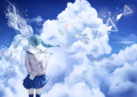 HD anime desktop wallpaper featuring Hatsune Miku from Vocaloid, with flowing hair and a serene sky filled with clouds and geometric shapes.