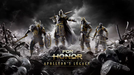 HD desktop wallpaper featuring warriors in armor from the video game For Honor: Apollyon's Legacy, standing amidst a battlefield.