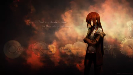 HD wallpaper featuring Kurisu Makise from the anime Steins;Gate, with a background of gears and a quote, set against a dark, smoky atmosphere.