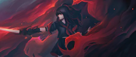 HD anime original artwork of a dark-haired character in a black and red outfit, surrounded by flowing red and black energy, designed as a PC desktop wallpaper.