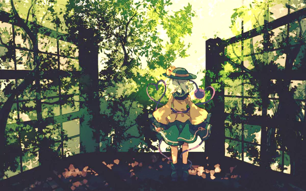 HD anime desktop wallpaper featuring Koishi Komeiji from the Touhou series, standing in a sunlit garden surrounded by lush greenery and delicate flowers.