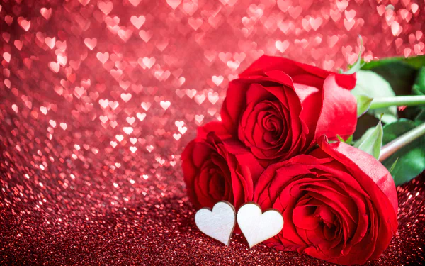 A 4K Ultra HD wallpaper featuring a romantic red rose bouquet with heart-shaped bokeh, symbolizing love and Valentine's Day.