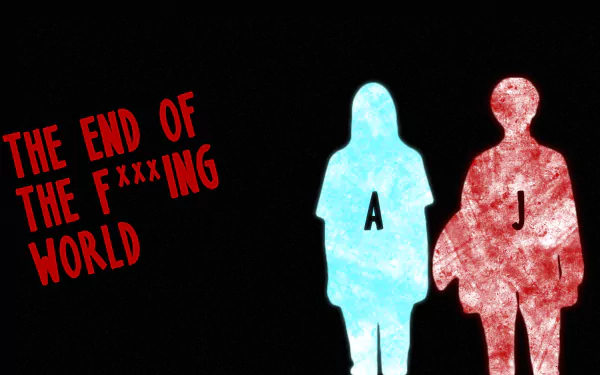 HD PC desktop wallpaper featuring stylized silhouettes labeled A and J with red text of the TV show title The End of The F***ing World on a black background.