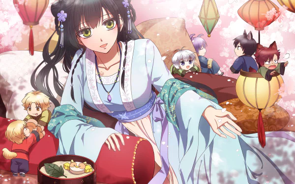 A chibi anime scene features a girl in Japanese clothes with long black hair and green eyes, surrounded by playful characters and vibrant lanterns, set against a cozy couch.