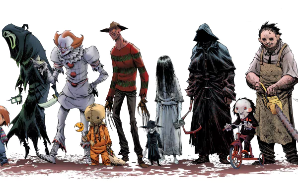 4K Ultra HD PC desktop wallpaper featuring a movie crossover lineup of iconic horror characters standing side by side on a white background.