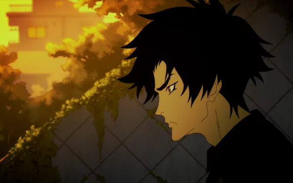 HD desktop wallpaper of Akira Fudo from the anime Devilman: Crybaby, featuring a side profile of Akira against a sunset-lit background with plants climbing a wall.