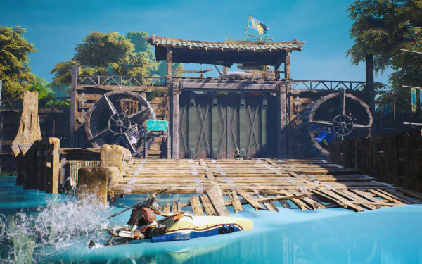 4K Ultra HD PC desktop wallpaper featuring a vibrant scene from the video game Biomutant, showing a character approaching a rustic gate over clear blue water.