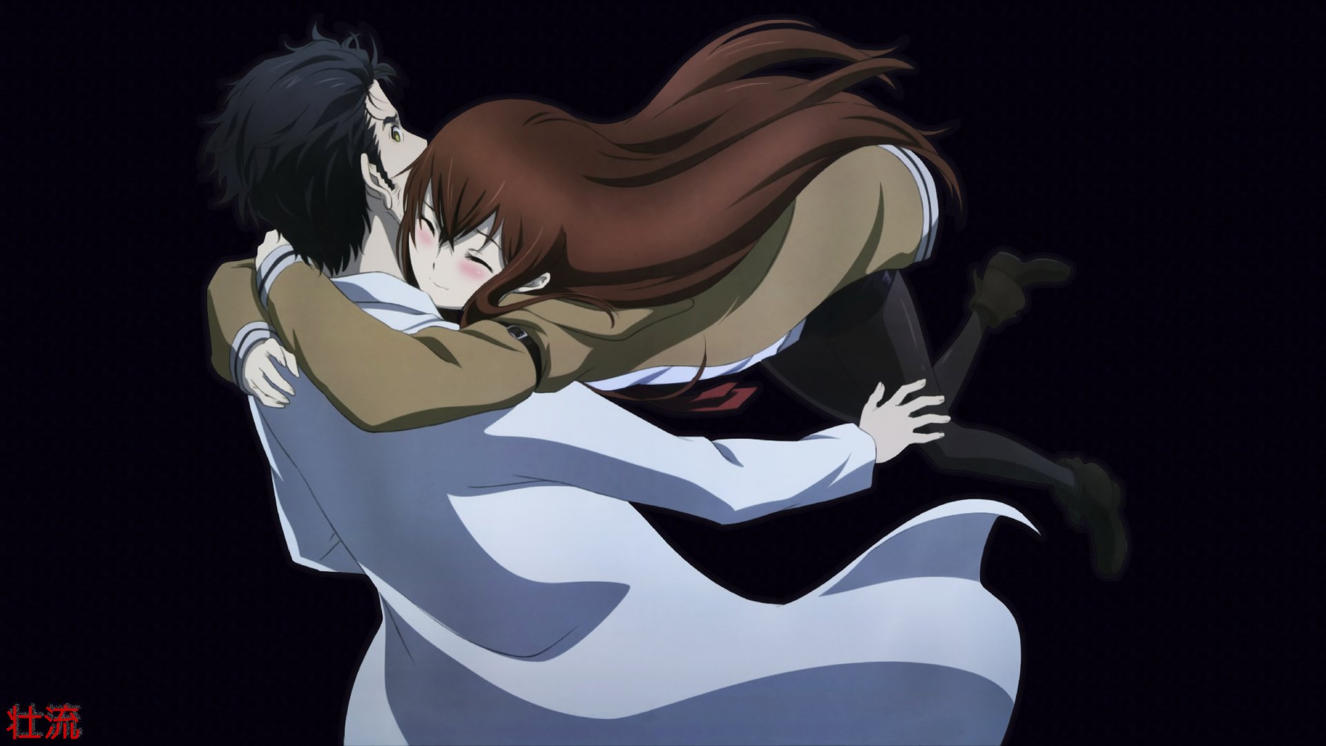4K Ultra HD anime wallpaper featuring Kurisu Makise and Rintaro Okabe from Steins;Gate in an emotional embrace against a black background.