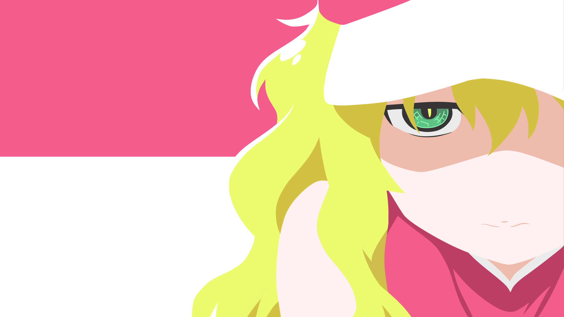 HD desktop wallpaper featuring a vector illustration of Quetzalcoatl from Miss Kobayashi's Dragon Maid. The image highlights Quetzalcoatl's green eye, blonde hair, and pink hat against a pink and white background.