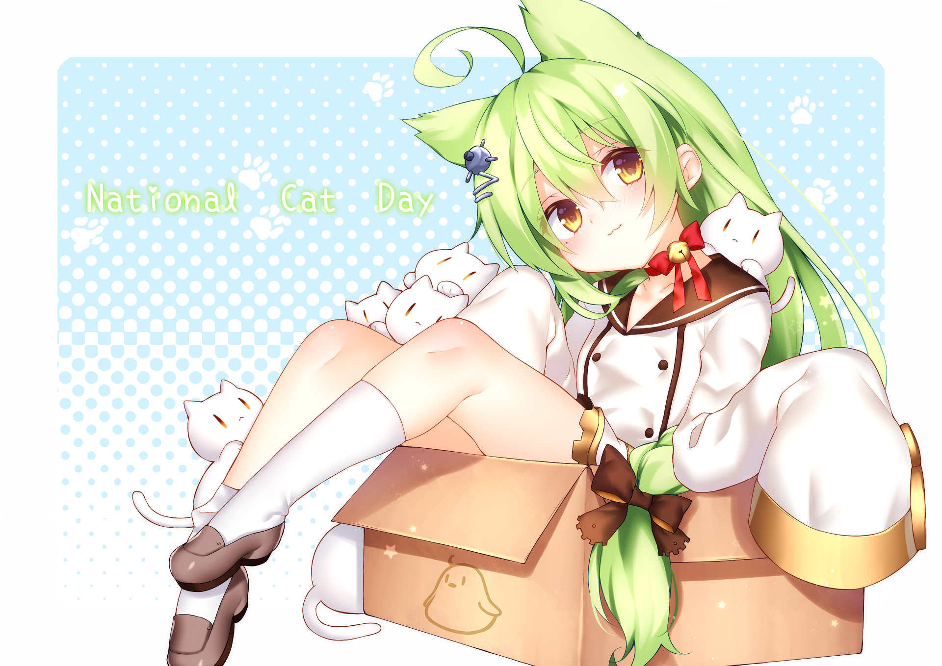 HD PC desktop wallpaper featuring Akashi from Azur Lane in anime style, surrounded by white cats with a pastel blue background celebrating National Cat Day.