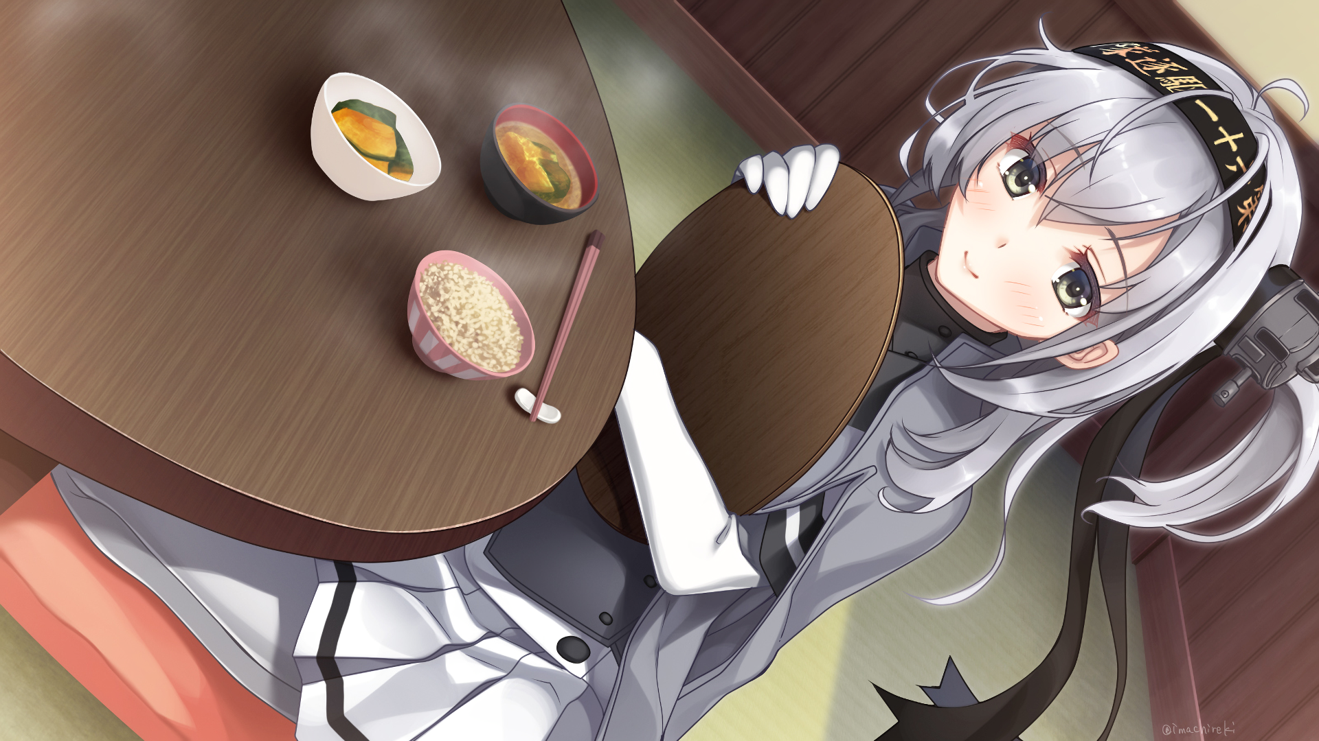 HD anime desktop wallpaper featuring Suzutsuki from Kantai Collection sitting by a table with traditional Japanese food.