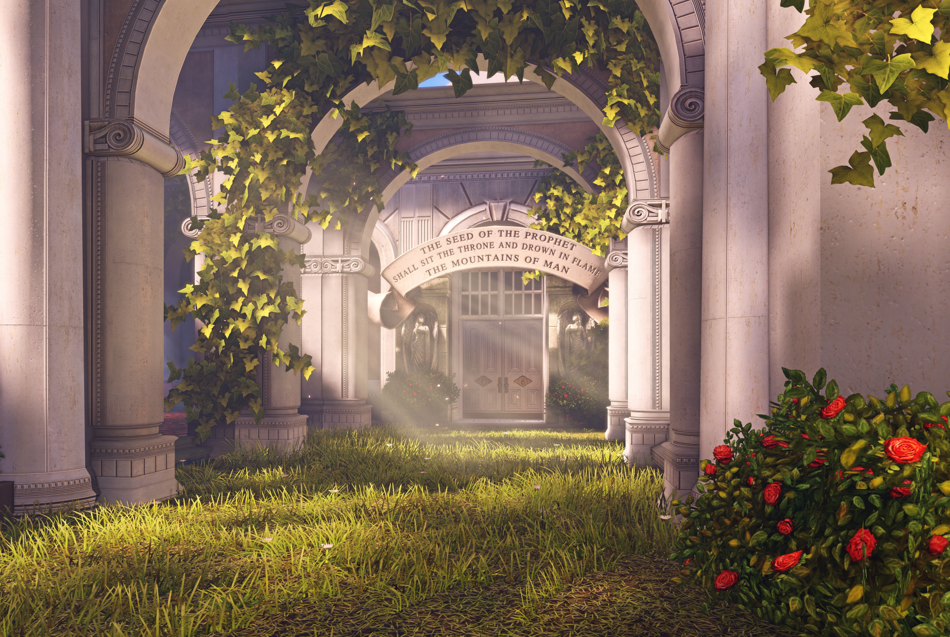 An 8K Ultra HD PC wallpaper featuring a serene courtyard with arches and lush greenery from the video game Bioshock Infinite.