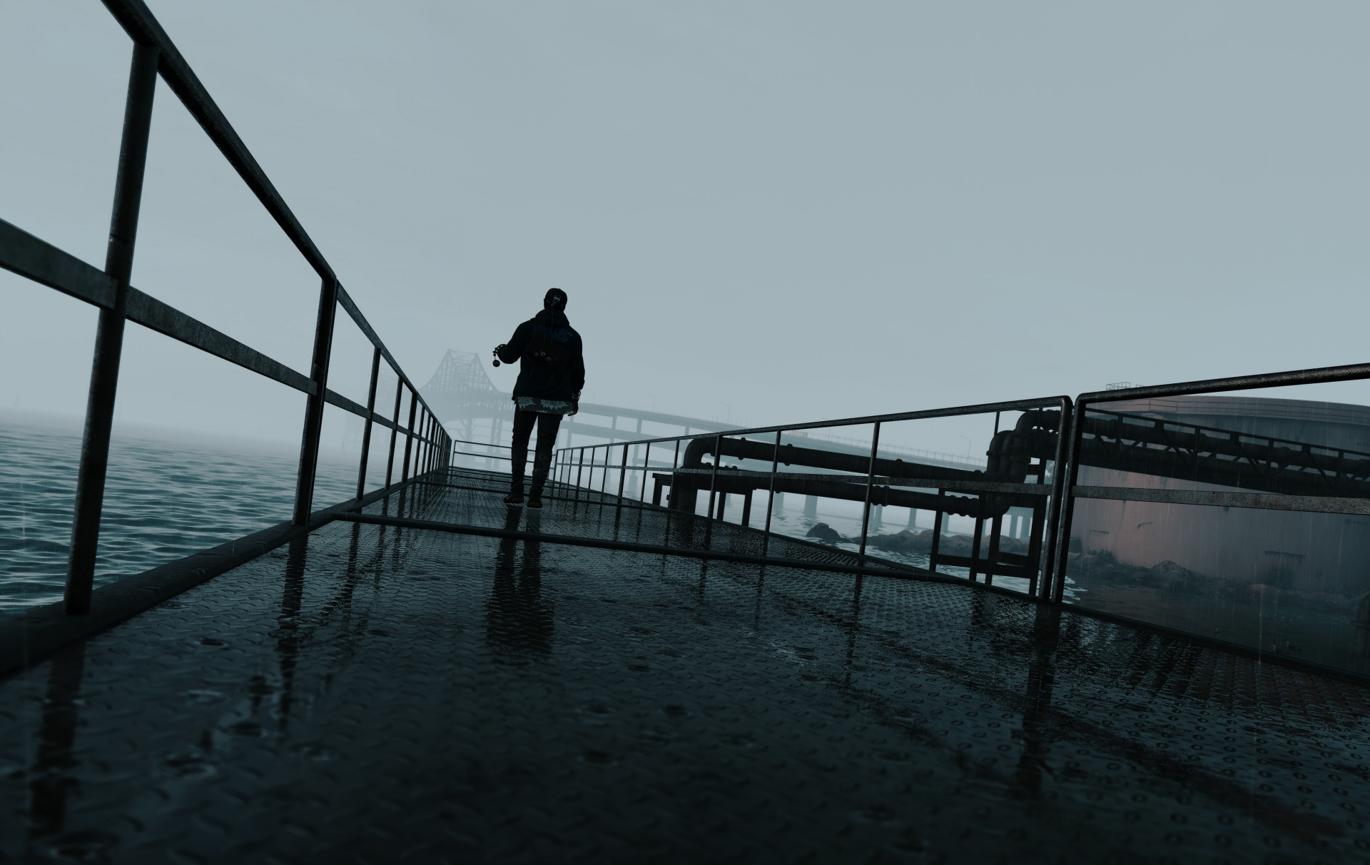 4K Ultra HD Watch Dogs 2 PC wallpaper featuring a lone figure walking on a rain-soaked pier under an overcast sky, capturing the game’s moody, immersive atmosphere.