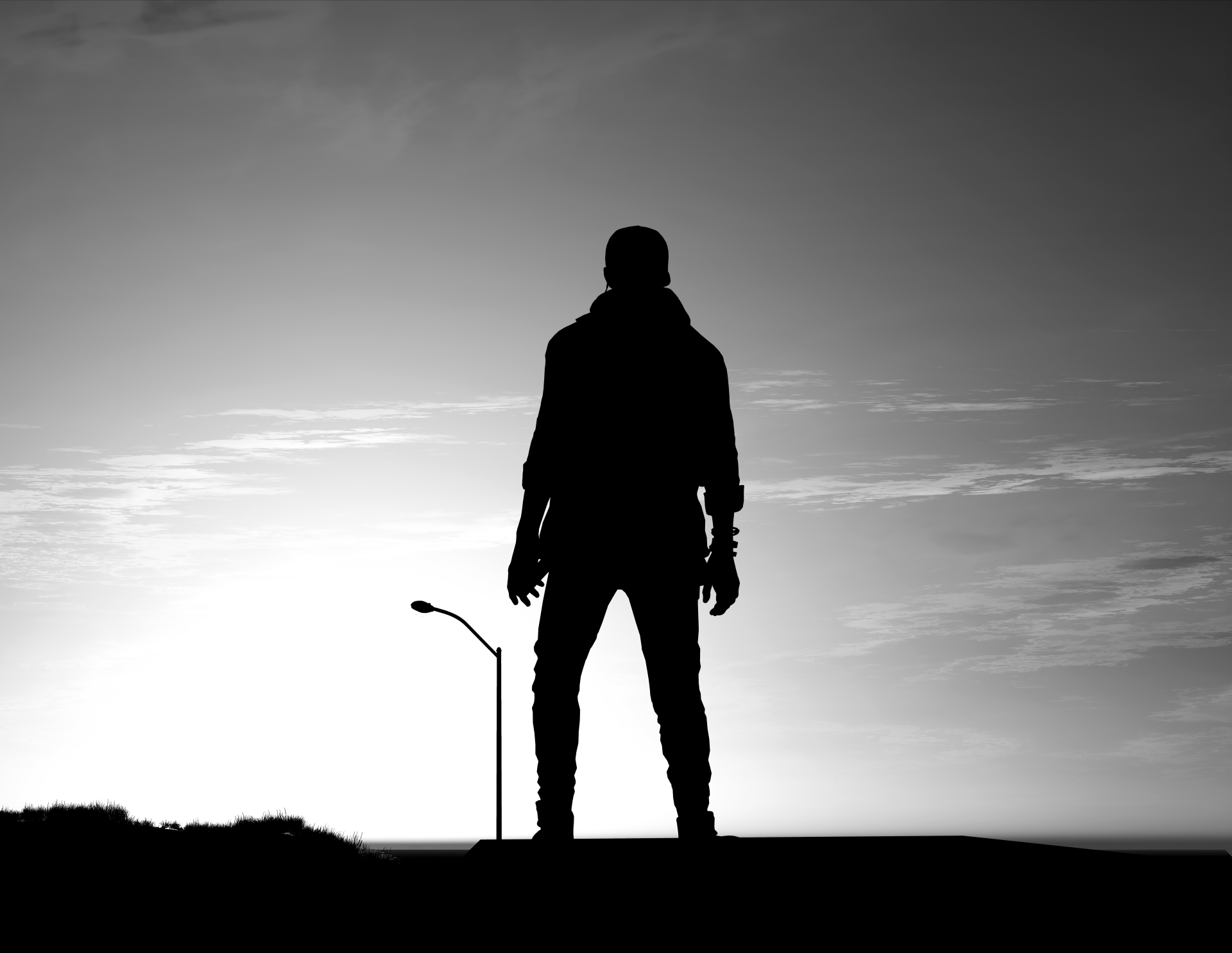 Silhouetted figure from Watch Dogs 2 stands against a glowing sky in this 8K Ultra HD PC desktop wallpaper and background.