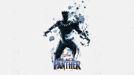 HD desktop wallpaper featuring Black Panther from Marvel Comics and the Black Panther movie, showcasing the character in dynamic black and blue hues with a splash of watercolor effect in the background.