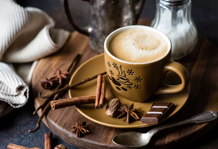 A warm cup of coffee with froth on top, accompanied by cinnamon sticks, star anise, chocolate pieces, and a milk jug, arranged in a cozy still life setting.