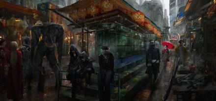 A sci-fi city street scene with diverse people and futuristic elements, presented in HD quality as a detailed PC desktop wallpaper and background.