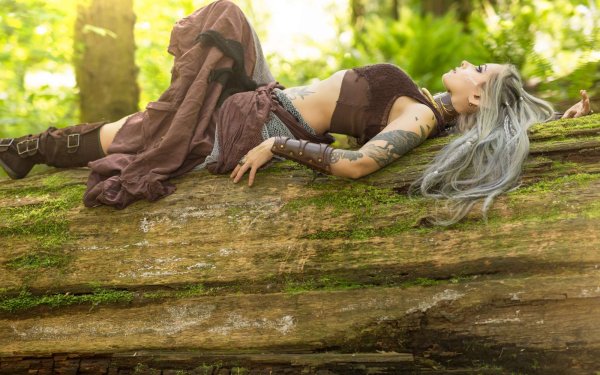 Women Cosplay Model Elf Fantasy Log Lying Down Tattoo White Hair Long Hair HD Wallpaper | Background Image