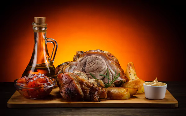 A 4K Ultra HD still life of a roasted meat dish with potatoes, sauce, and a bottle of oil against a warm orange background, perfect for a PC desktop wallpaper.