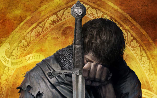 A HD desktop wallpaper for the video game Kingdom Come: Deliverance, featuring a character resting their head on a sword against a detailed, golden background.