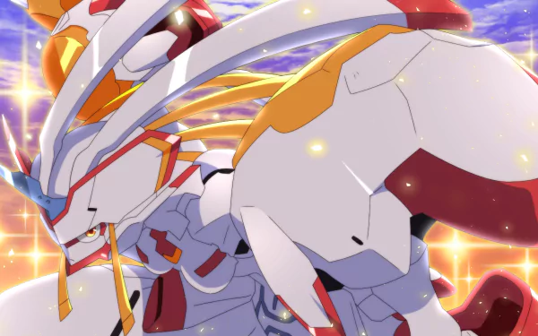 HD desktop wallpaper featuring a dynamic scene from Darling in the FranXX, showcasing a detailed robotic figure against a vibrant background.