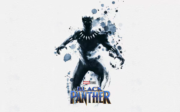 HD desktop wallpaper featuring Black Panther from Marvel Comics and the Black Panther movie, showcasing the character in dynamic black and blue hues with a splash of watercolor effect in the background.