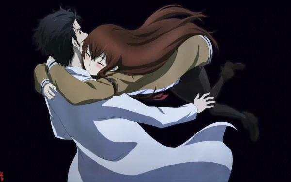 4K Ultra HD anime wallpaper featuring Kurisu Makise and Rintaro Okabe from Steins;Gate in an emotional embrace against a black background.