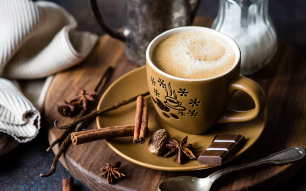A warm cup of coffee with froth on top, accompanied by cinnamon sticks, star anise, chocolate pieces, and a milk jug, arranged in a cozy still life setting.