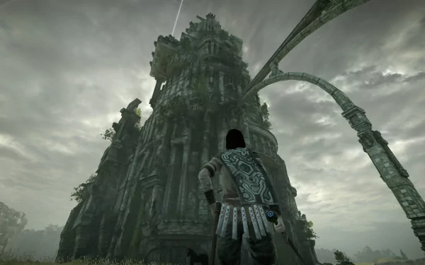 4K Ultra HD PC wallpaper from the video game Shadow of the Colossus (2018): lone rider gazes at a towering ruined fortress and arches beneath a stormy sky.